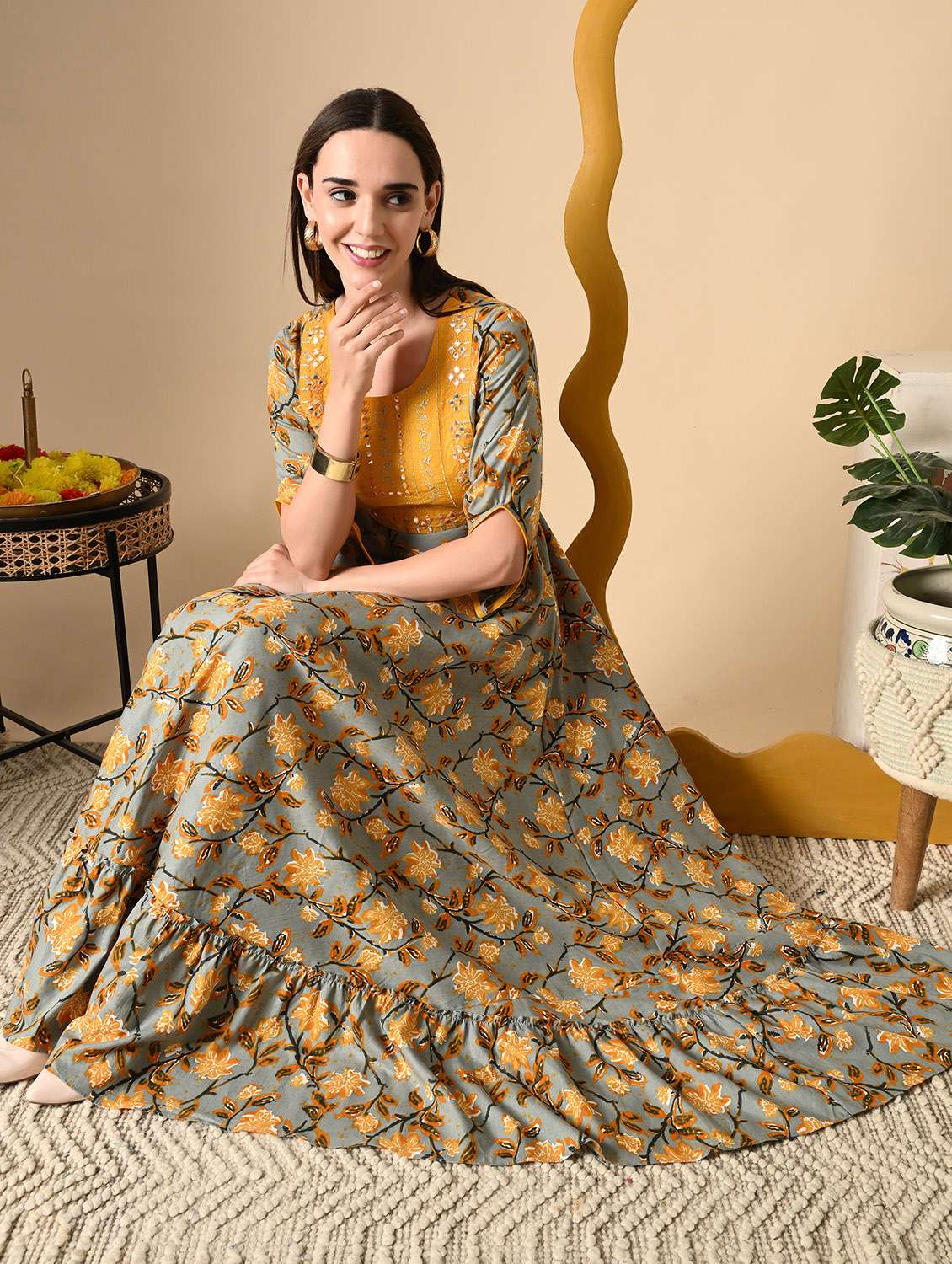 women floral printed three quarter sleeve ethnic dress - 22316903 -  Standard Image - 3