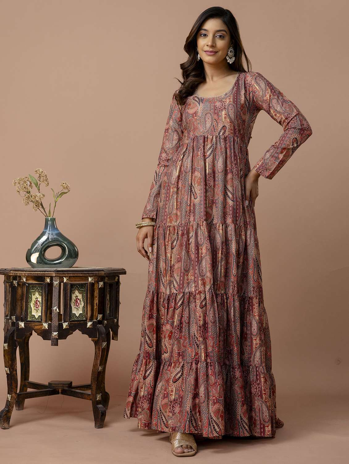women paisley printed long sleeve ethnic dress