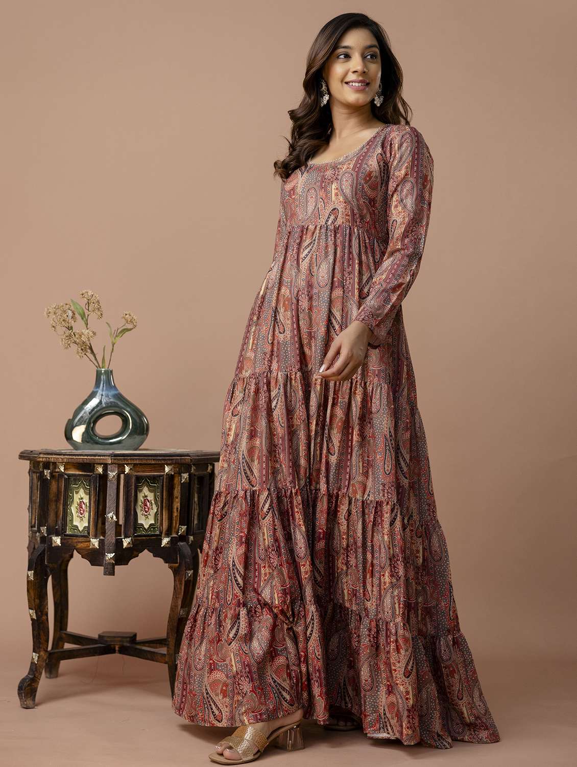 women paisley printed long sleeve ethnic dress - 22316904 -  Standard Image - 3