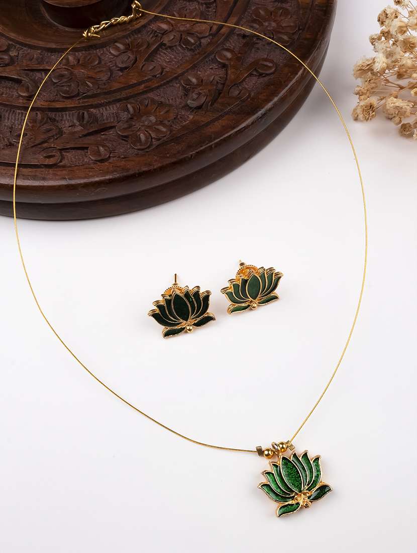 minimal green lotus motif pendant set with invisible chain