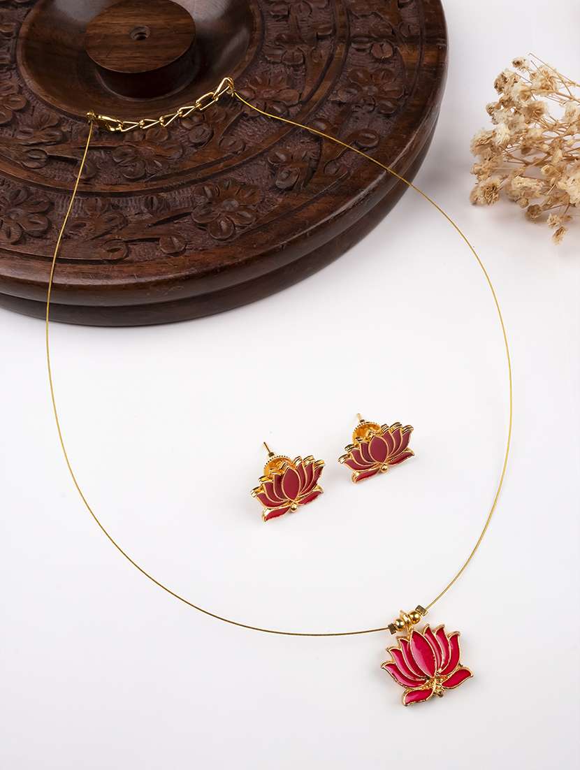 minimal pink lotus motif pendant set with invisible chain