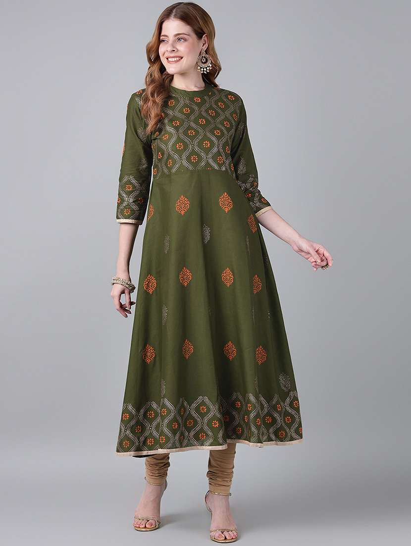 Women Printed Three Quarter Sleeve Anarkali Kurta - 22316935 -  Standard Image - 3