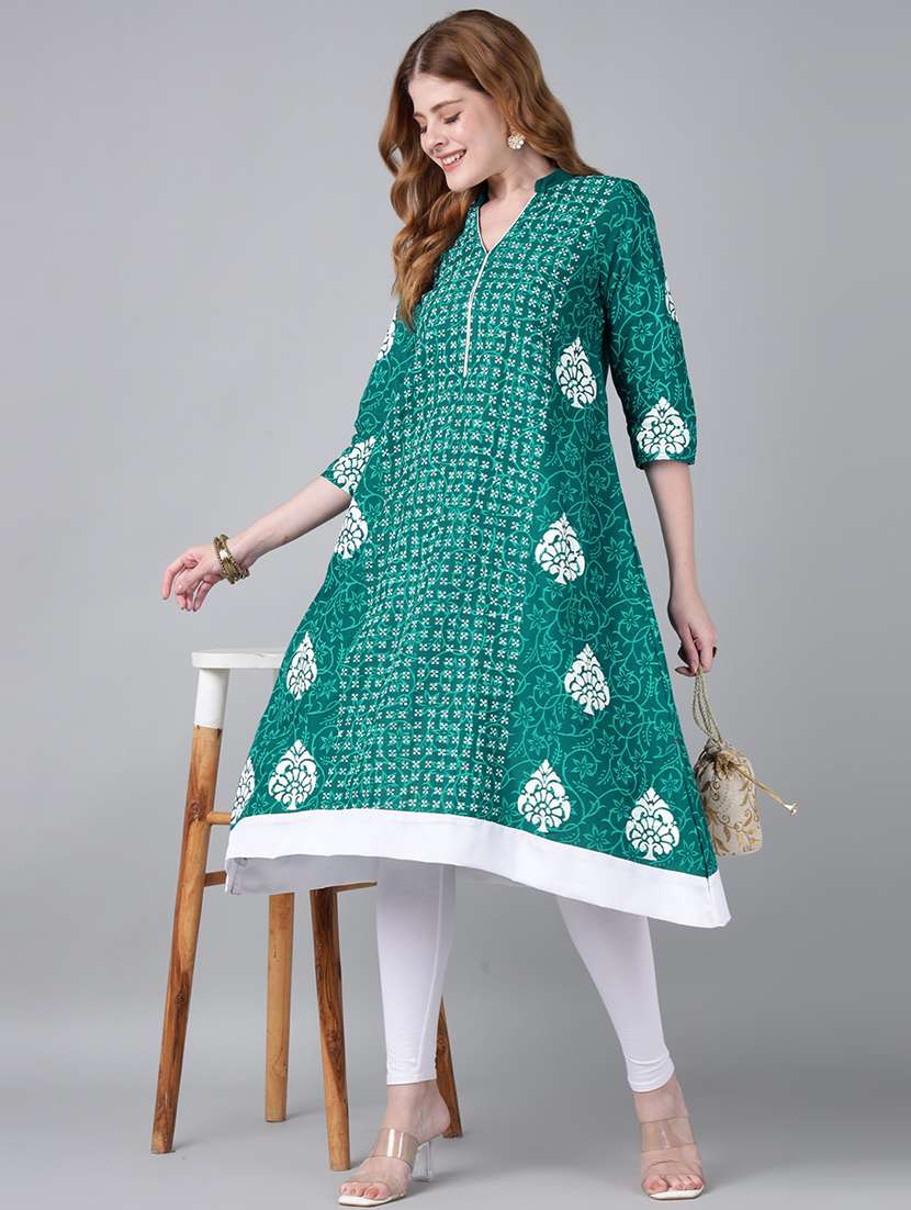 women printed three quarter sleeve a-line kurta