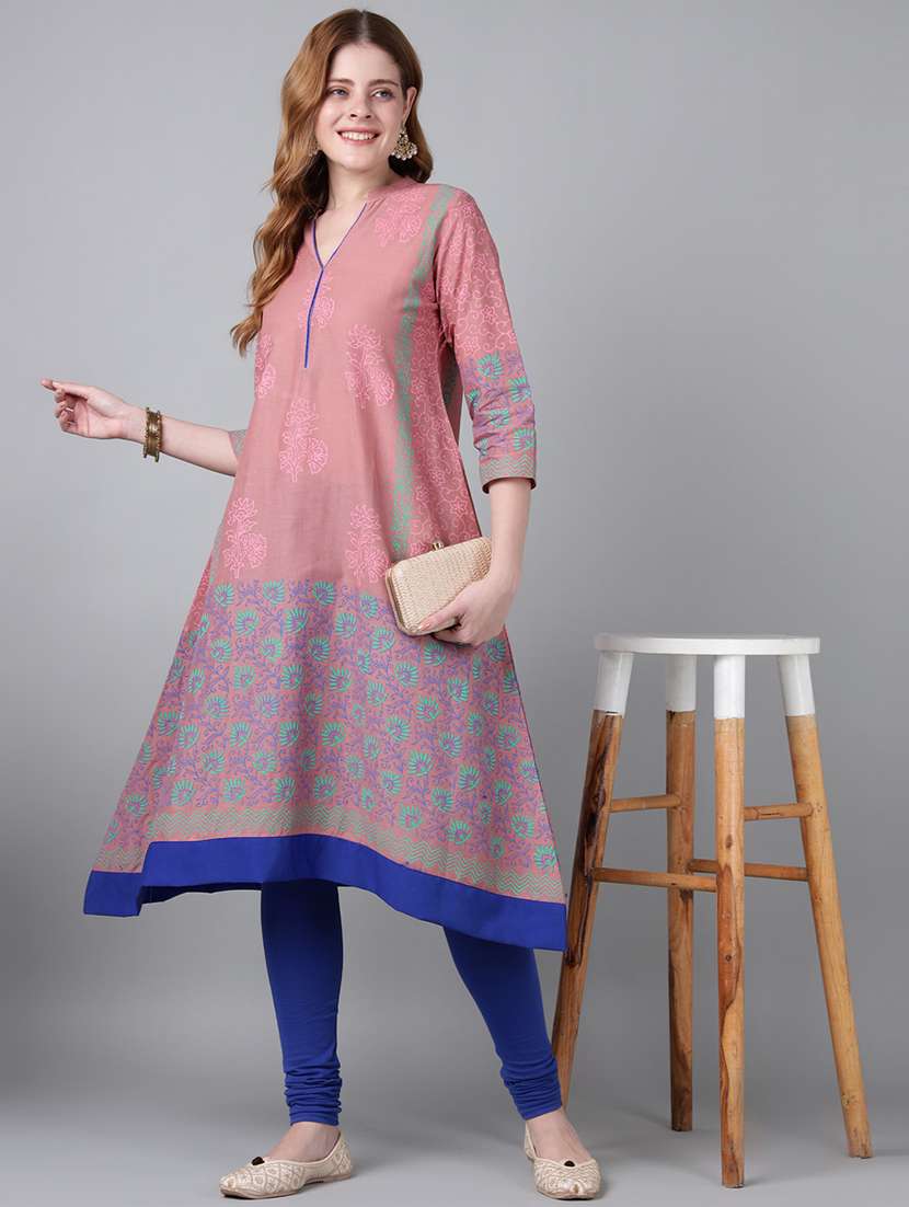 women printed three quarter sleeve a-line kurta
