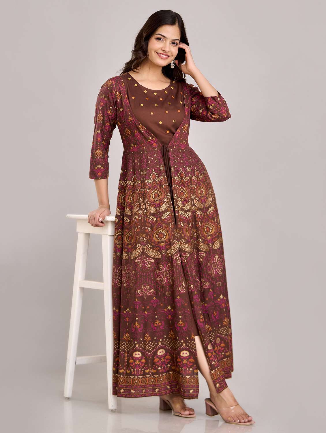 women printed three quarter sleeve ethnic dress