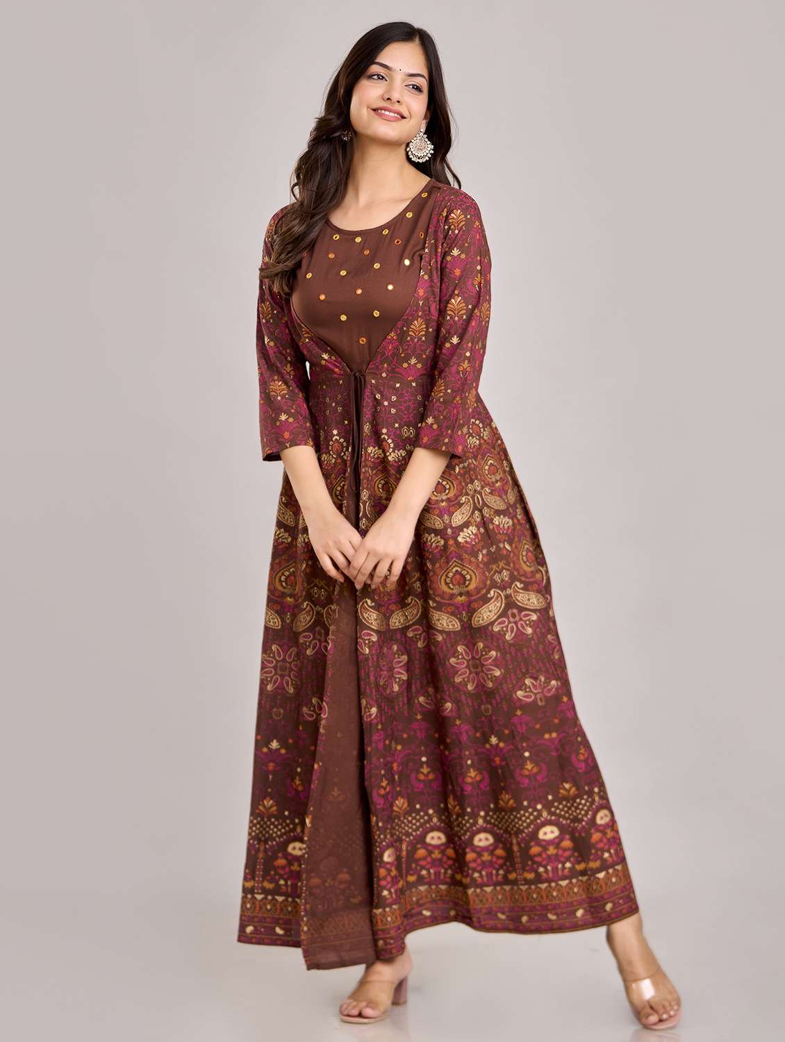 women printed three quarter sleeve ethnic dress - 22316958 -  Standard Image - 3