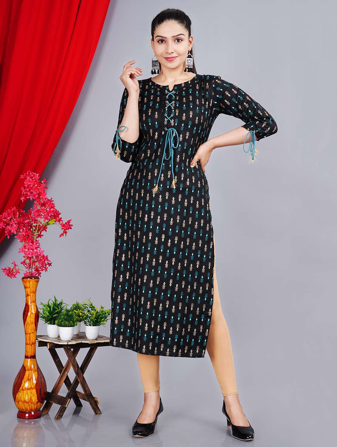 women printed three quarter sleeve straight kurta