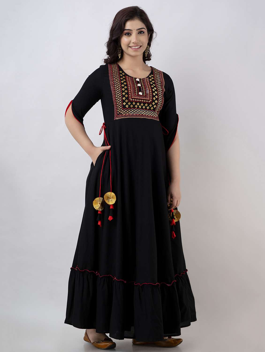 women solid with work short sleeve ethnic dress - 22316963 -  Standard Image - 3