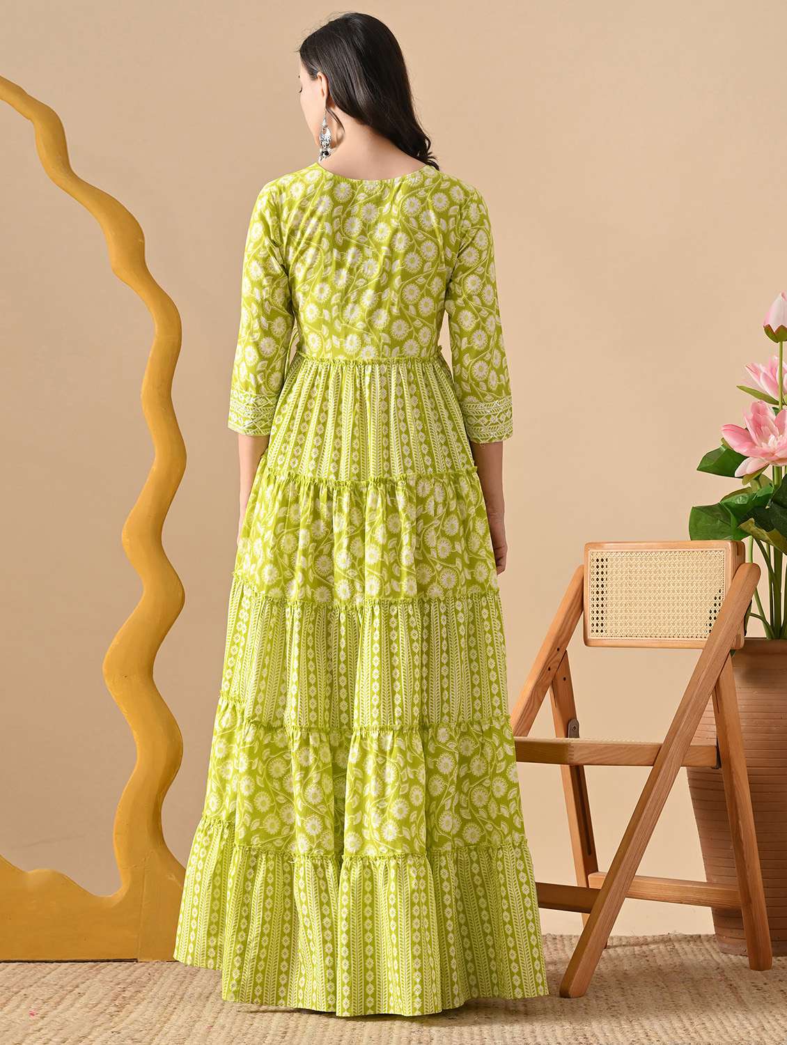 women printed three quarter sleeve ethnic dress - 22316977 -  Standard Image - 3