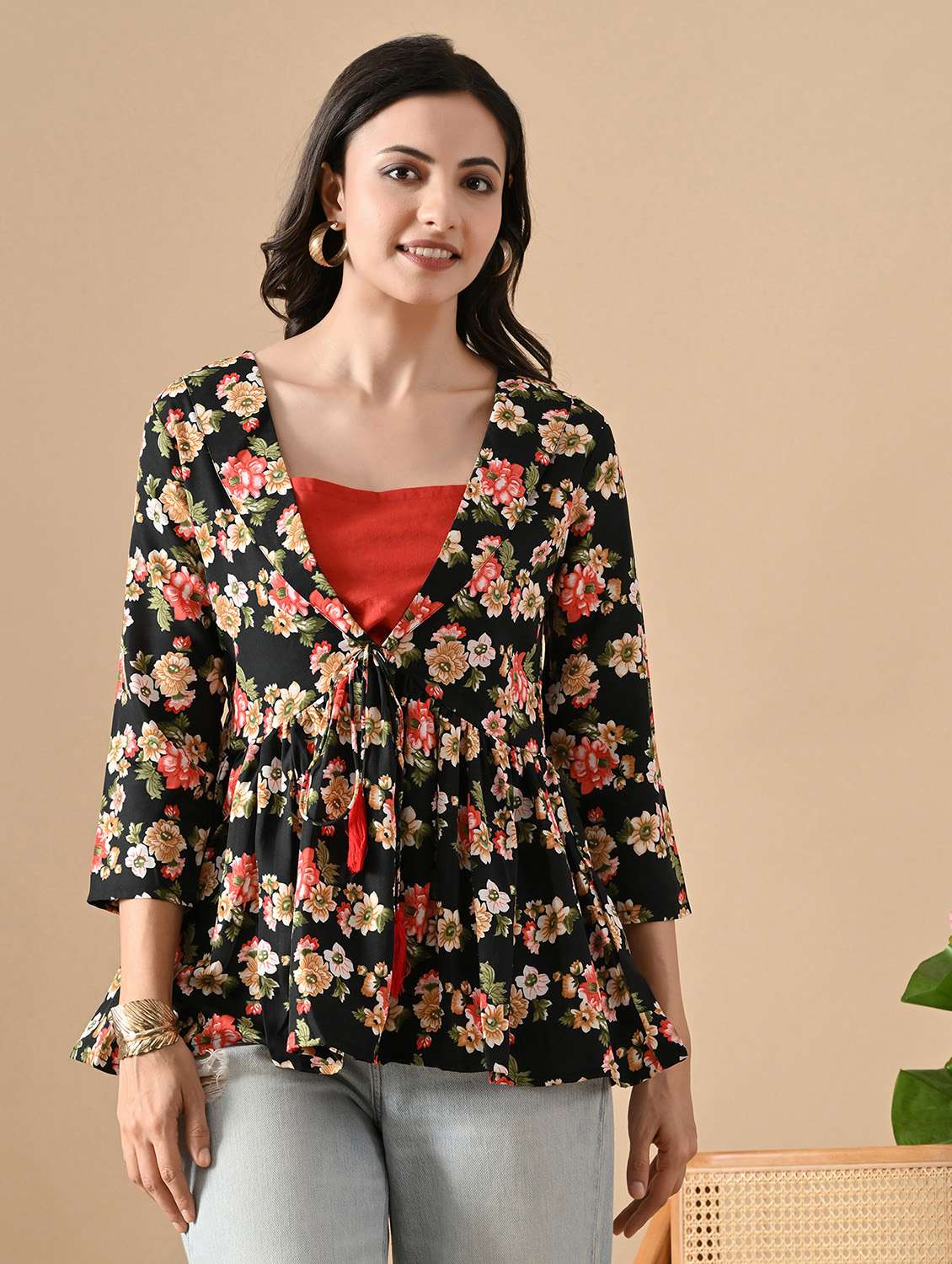 women floral three quarter sleeve ethnic top
