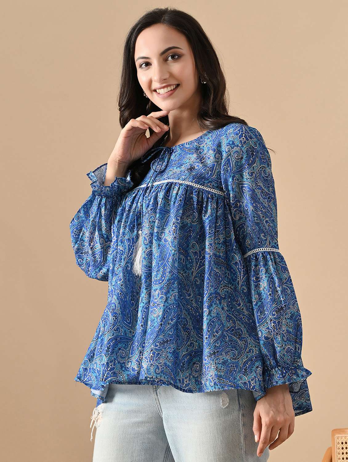 women paisley printed bishop sleeve ethnic top