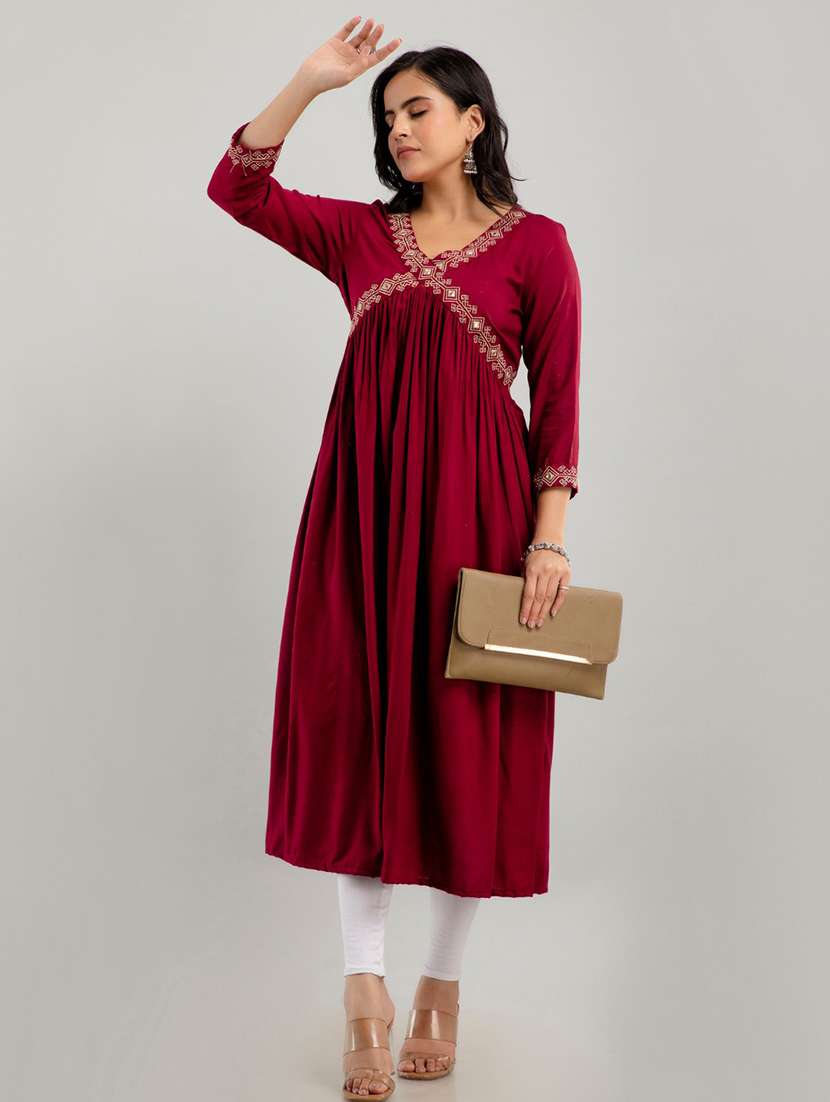 women solid with work three quarter sleeve a-line kurta - 22316982 -  Standard Image - 3