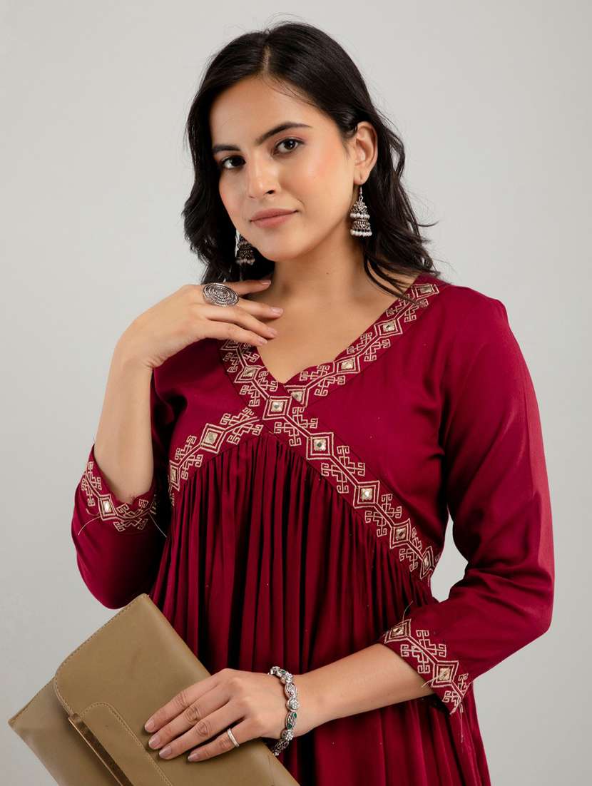 women solid with work three quarter sleeve a-line kurta - 22316982 -  Standard Image - 5