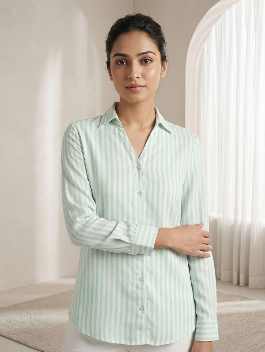 women striped collared long sleeve shirt