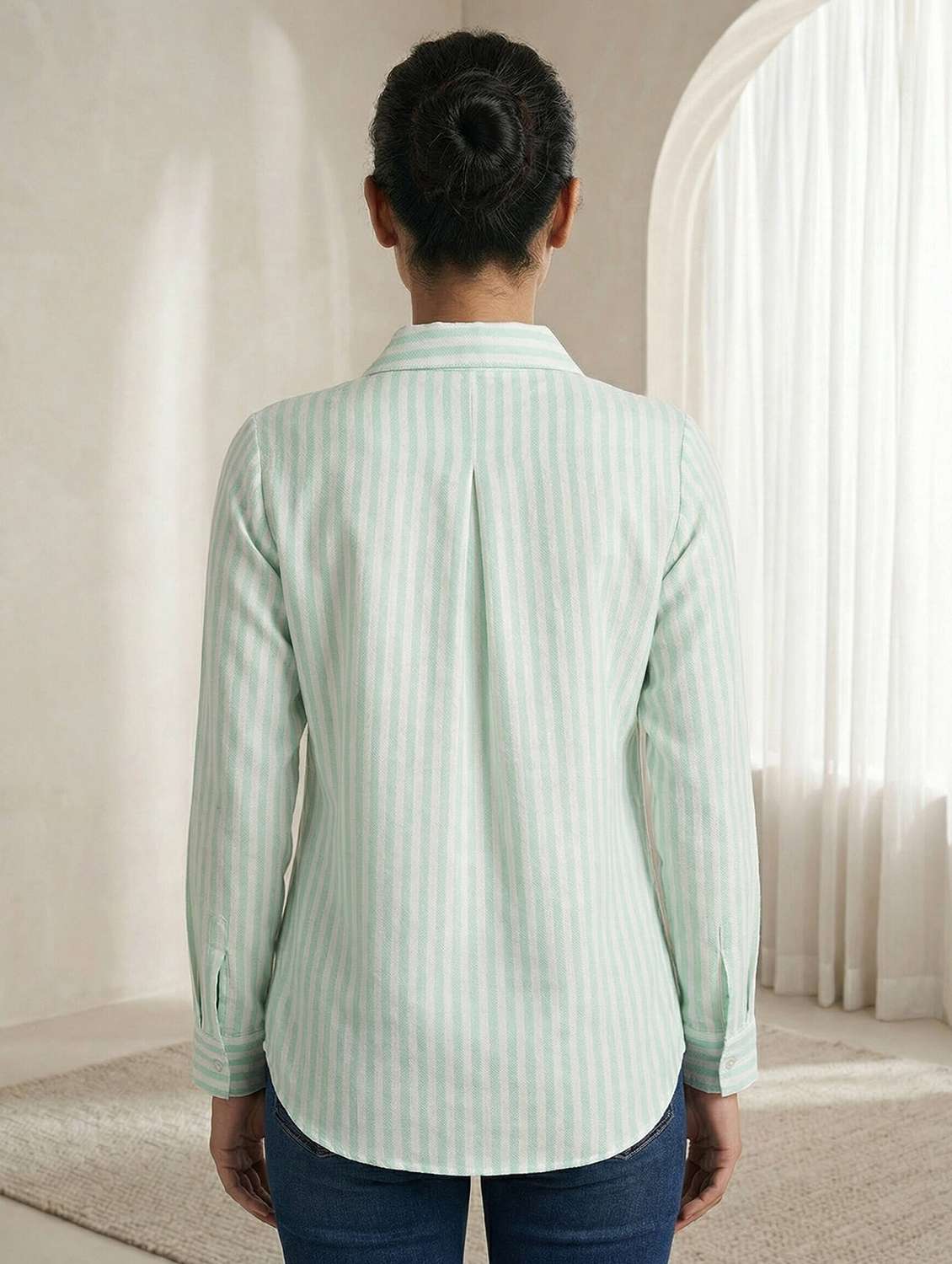 women striped collared long sleeve shirt - 22317013 -  Standard Image - 3