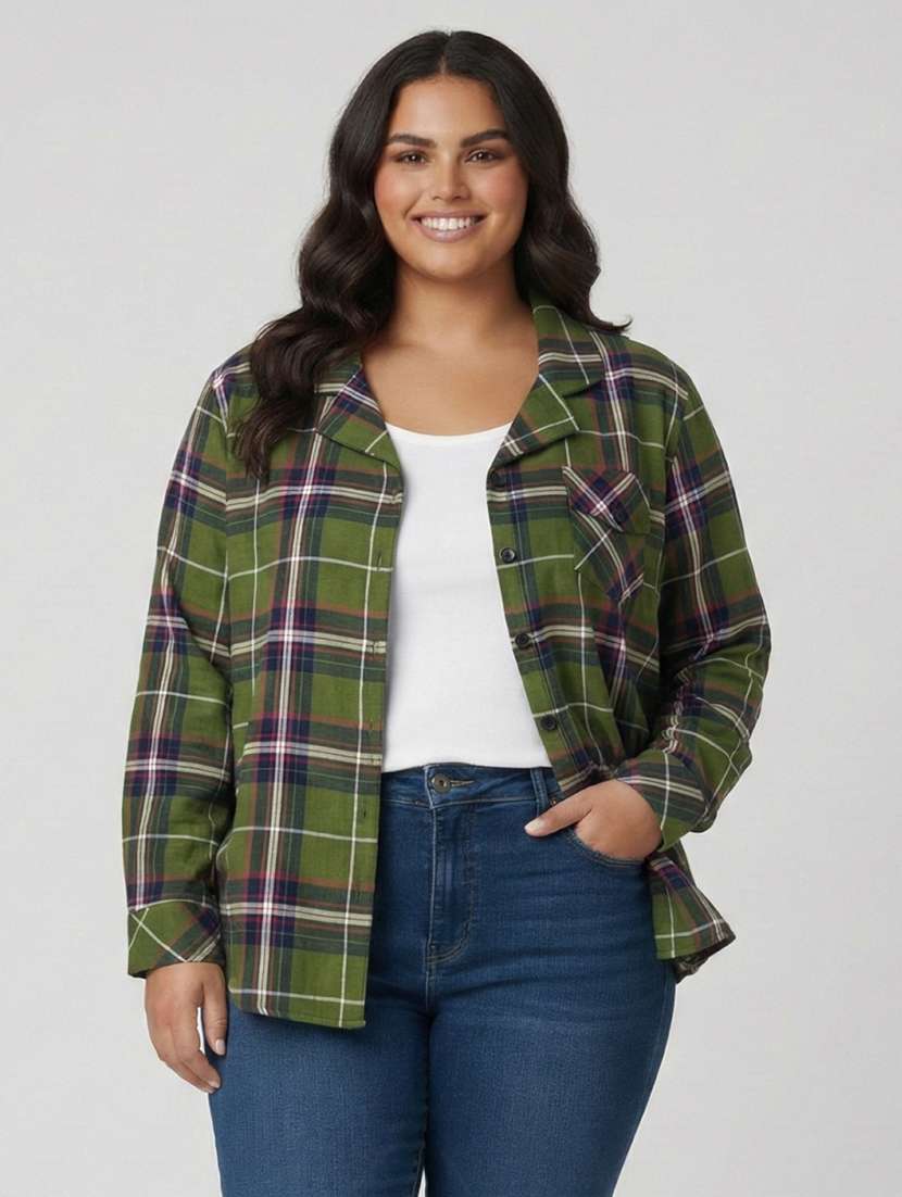 women plus size checkered collared long sleeve shirt