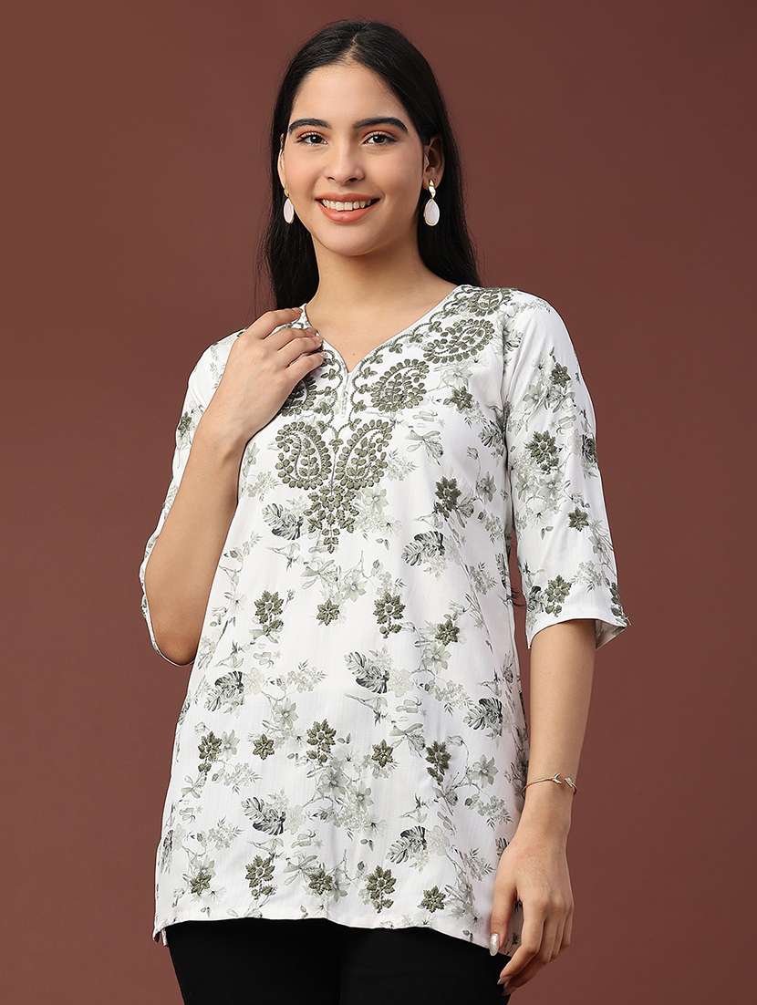 women floral three quarter sleeve straight kurti - 22317114 -  Standard Image - 3