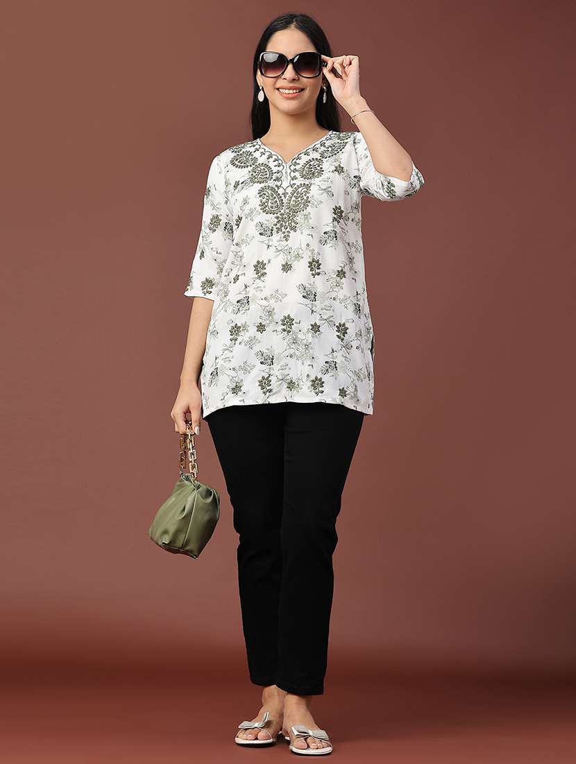 women floral three quarter sleeve straight kurti - 22317114 -  Standard Image - 5