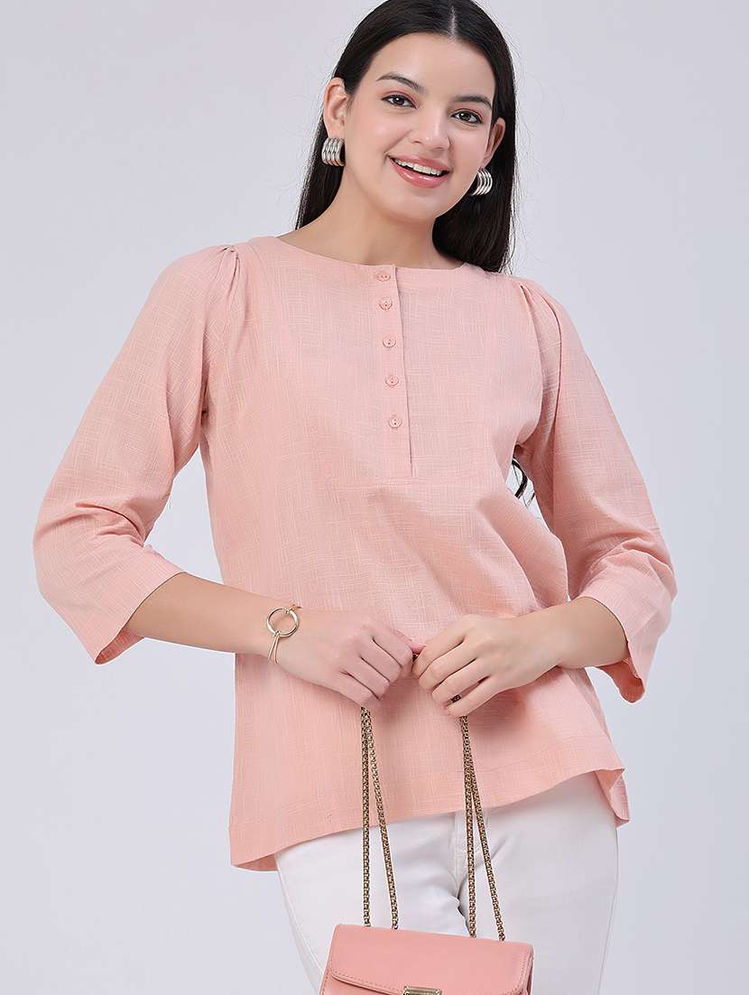 women solid three quarter sleeves regular top