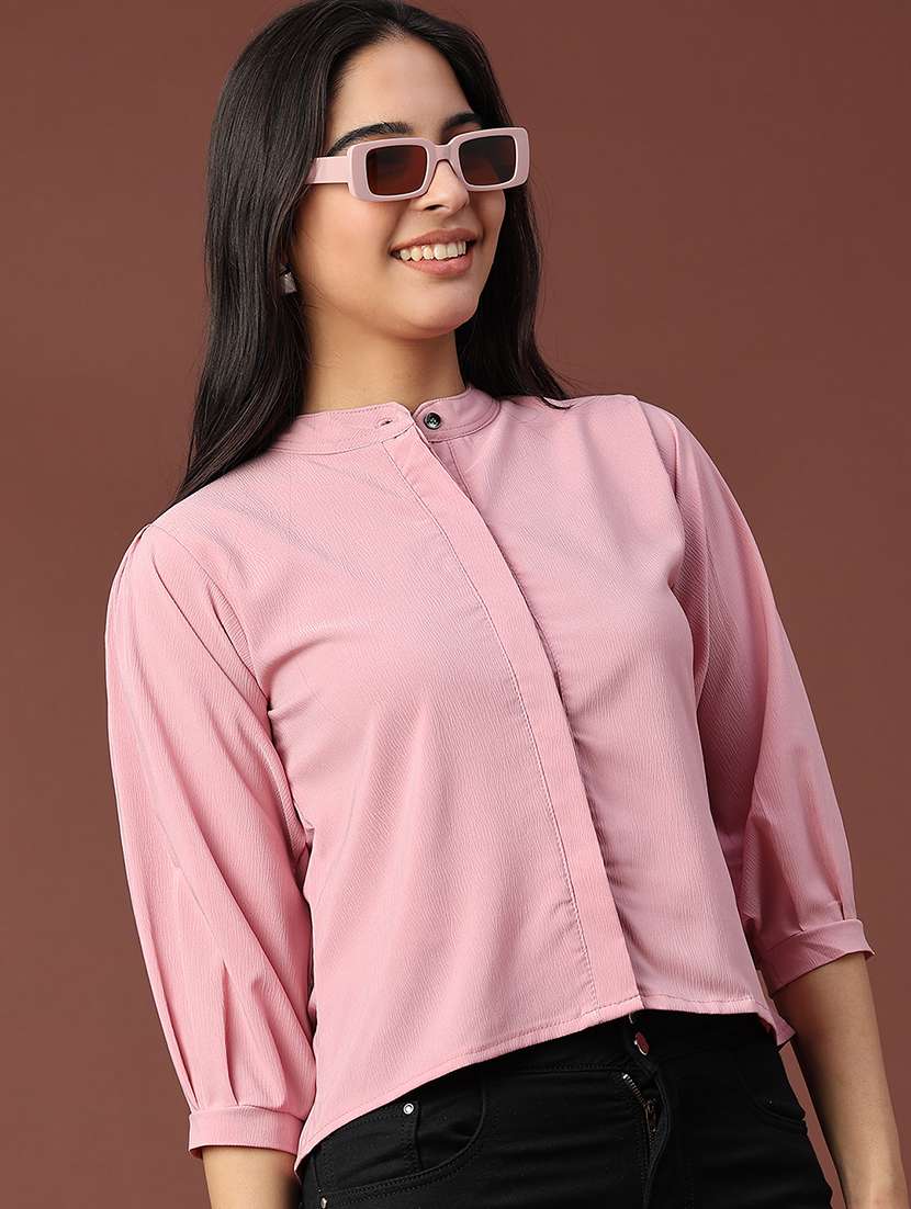 women solid puff sleeve high low top