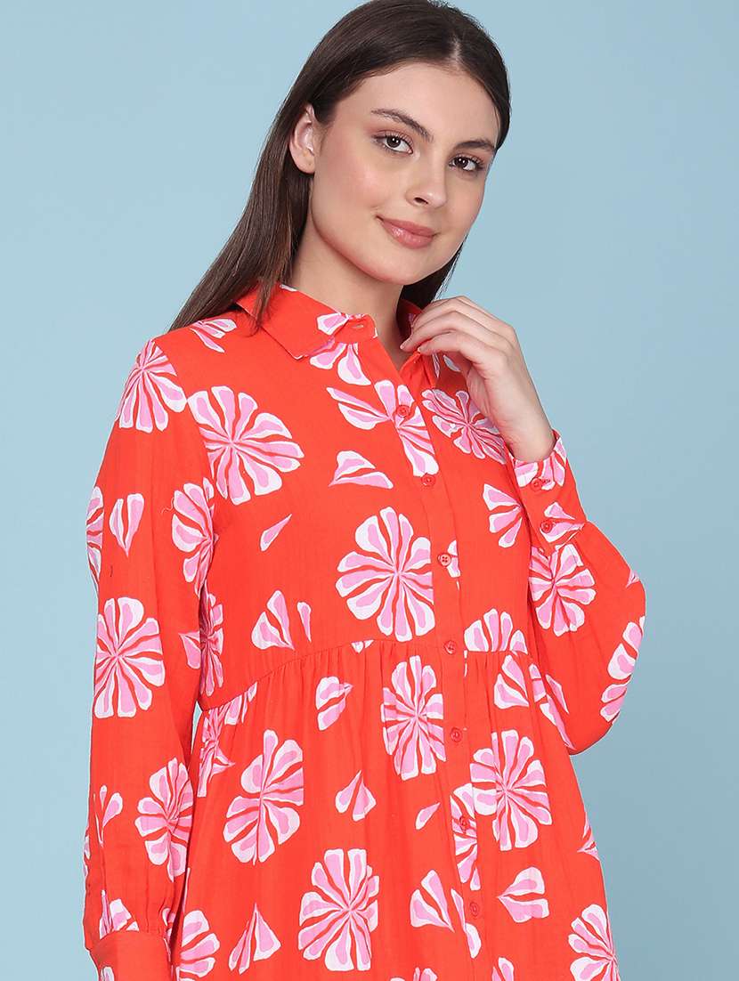 women printed long sleeves a-line dress