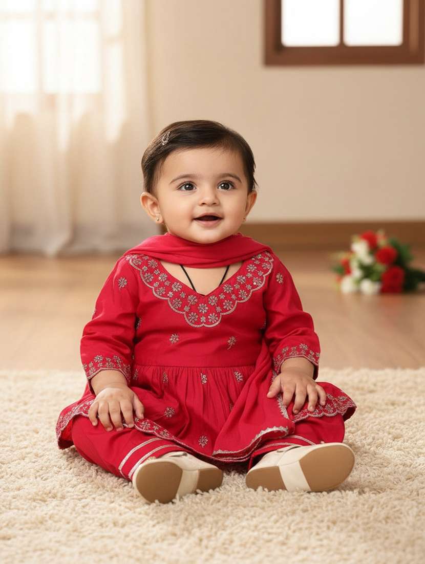 girls embroidered three quarter sleeve kurta sharara with dupatta set