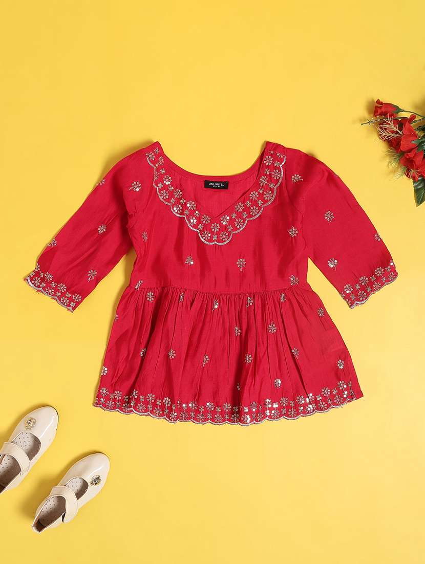 girls embroidered three quarter sleeve kurta sharara with dupatta set - 22317380 -  Standard Image - 3