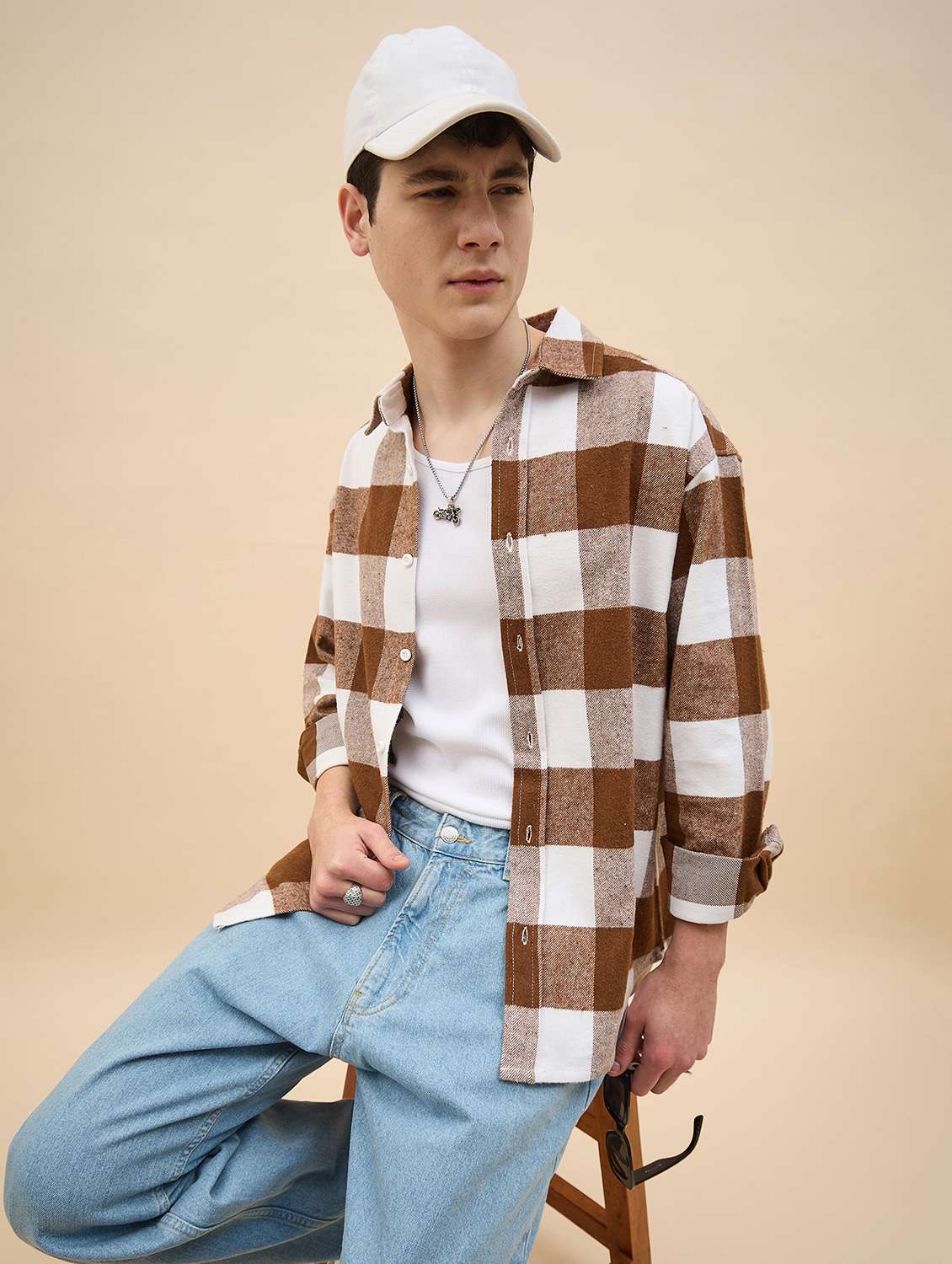 men checkered long sleeve oversized casual shirt