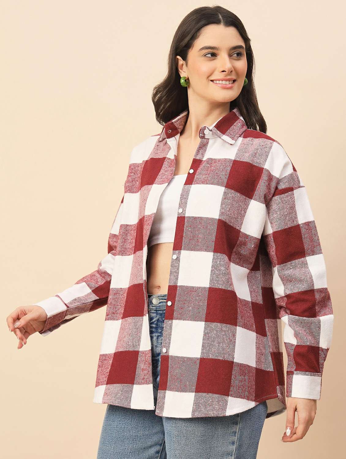 women checkered long sleeve oversized shacket - 22317420 -  Standard Image - 3