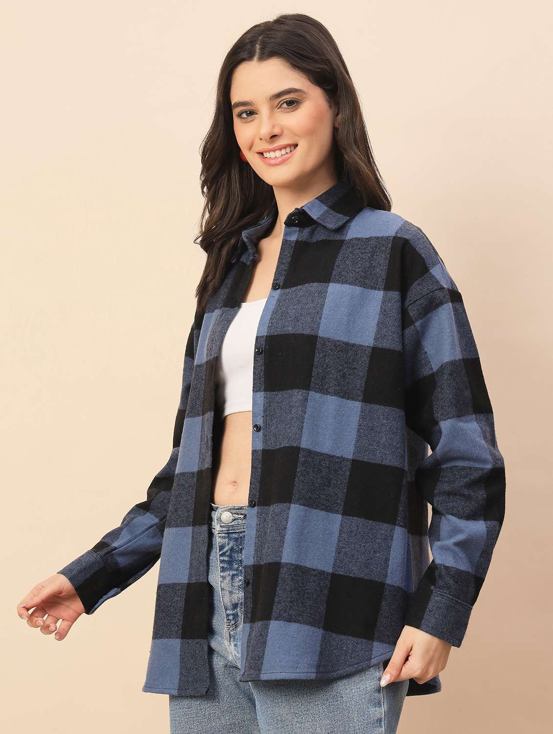 women checkered long sleeve oversized shacket - 22317421 -  Standard Image - 3