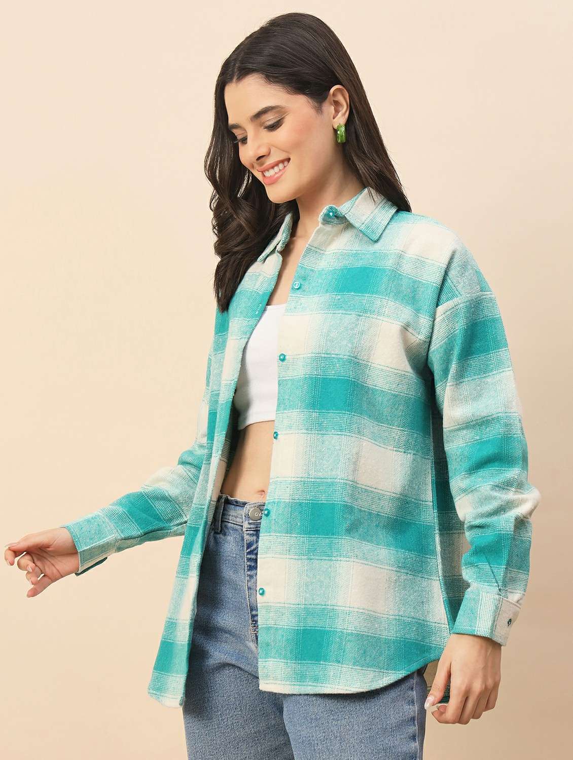women checkered long sleeve oversized shacket - 22317422 -  Standard Image - 3