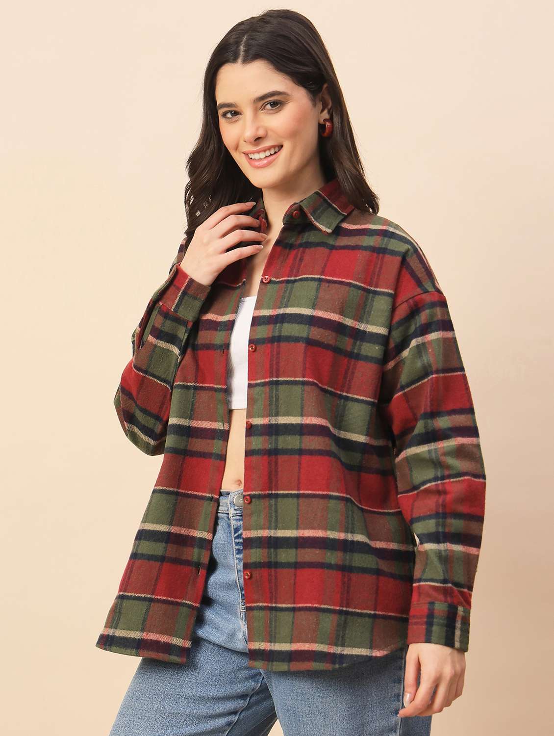 Women Checkered Long Sleeve Oversized Shacket - 22317423 -  Standard Image - 3