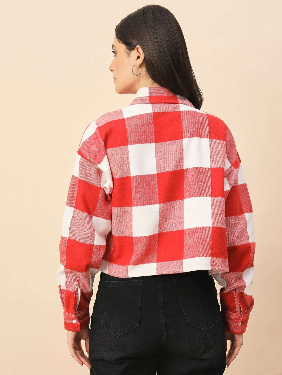 women checkered long sleeve cropped shacket - 22317424 -  Standard Image - 3