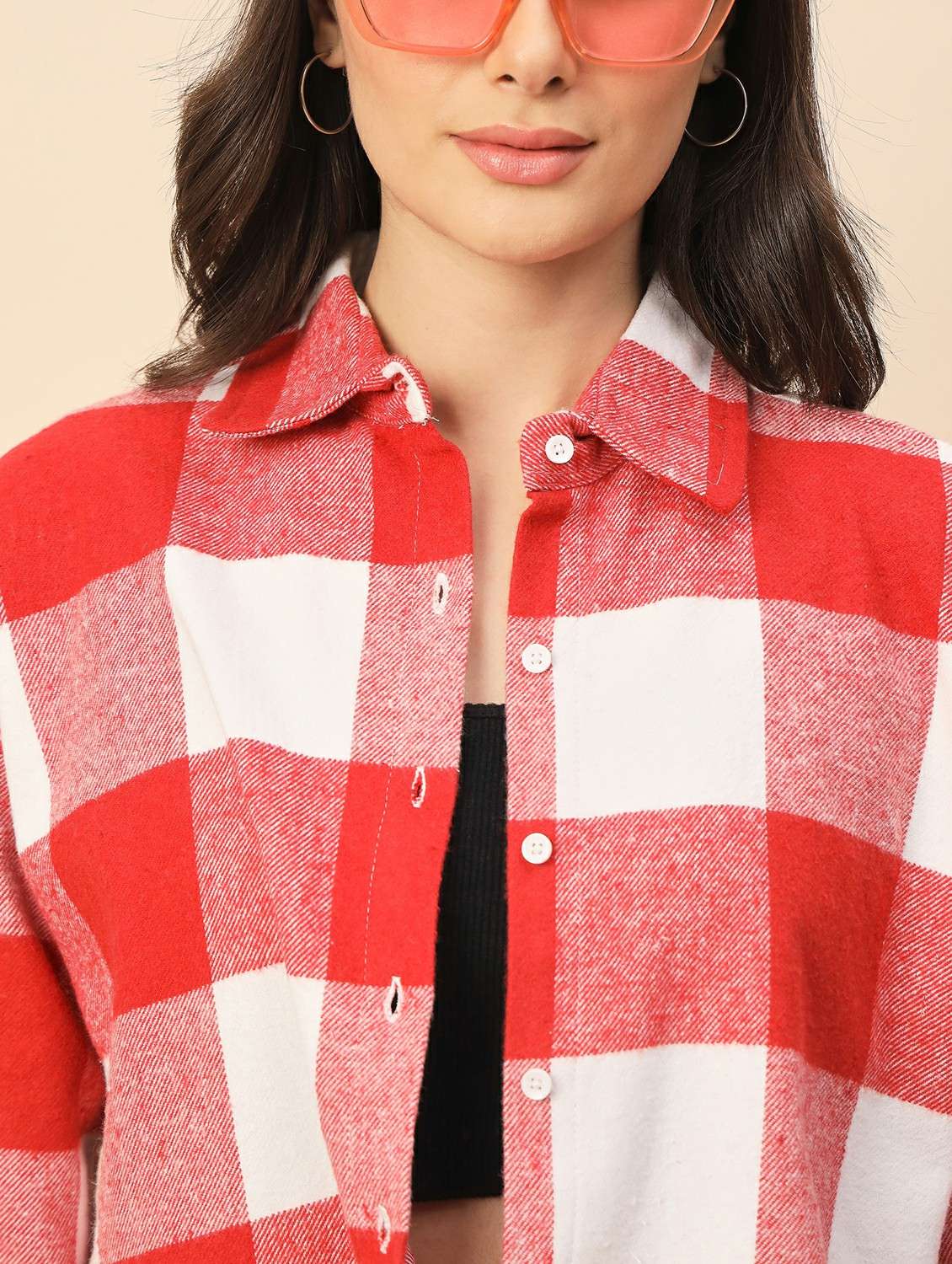 women checkered long sleeve cropped shacket - 22317424 -  Standard Image - 5