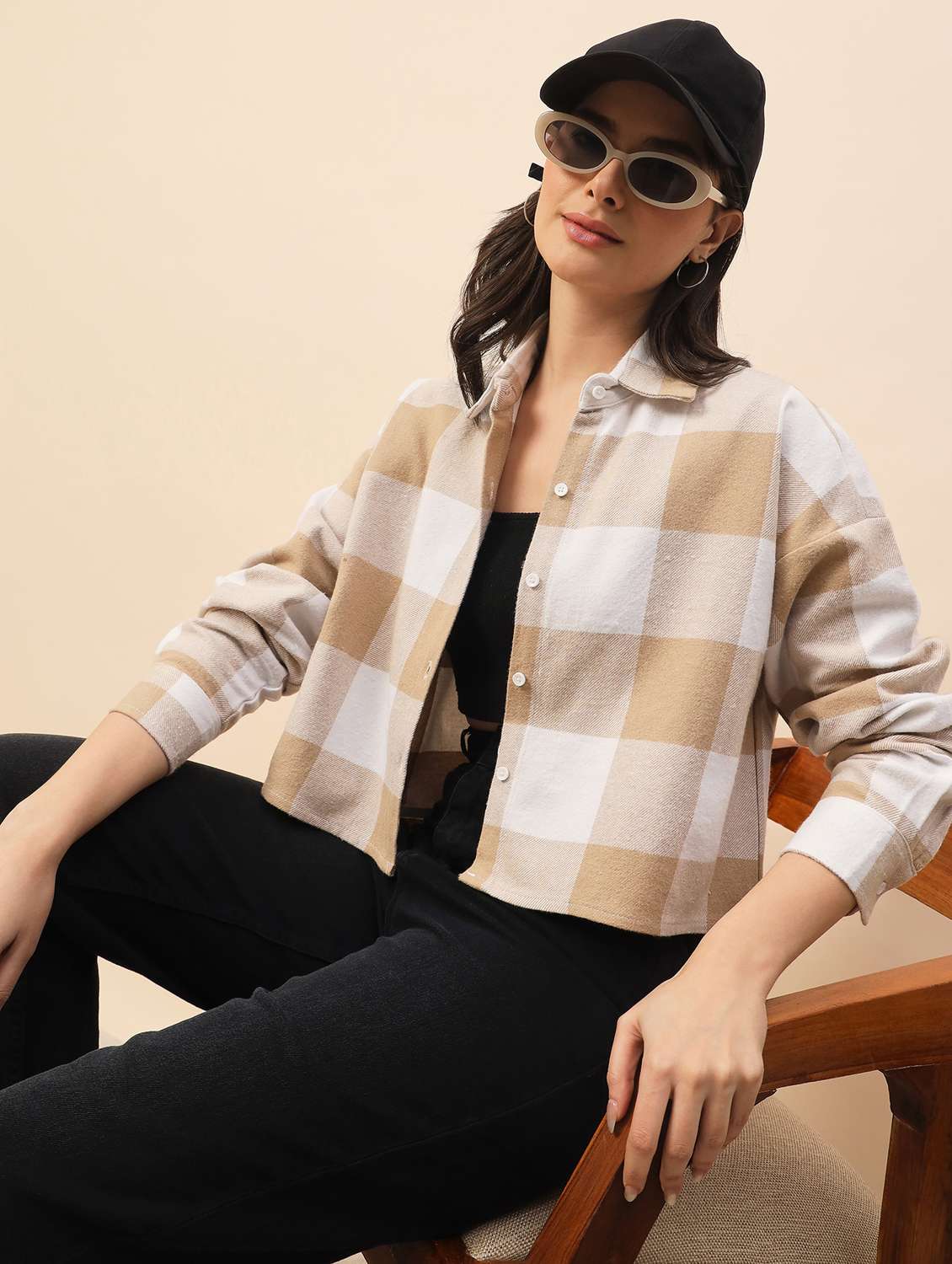 women checkered long sleeve cropped shacket