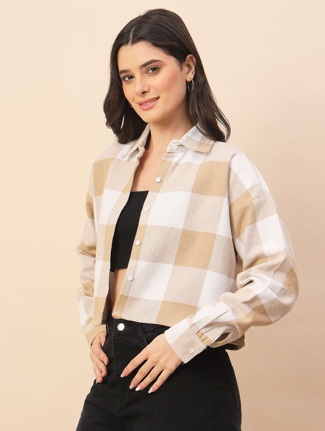 women checkered long sleeve cropped shacket - 22317425 -  Standard Image - 3