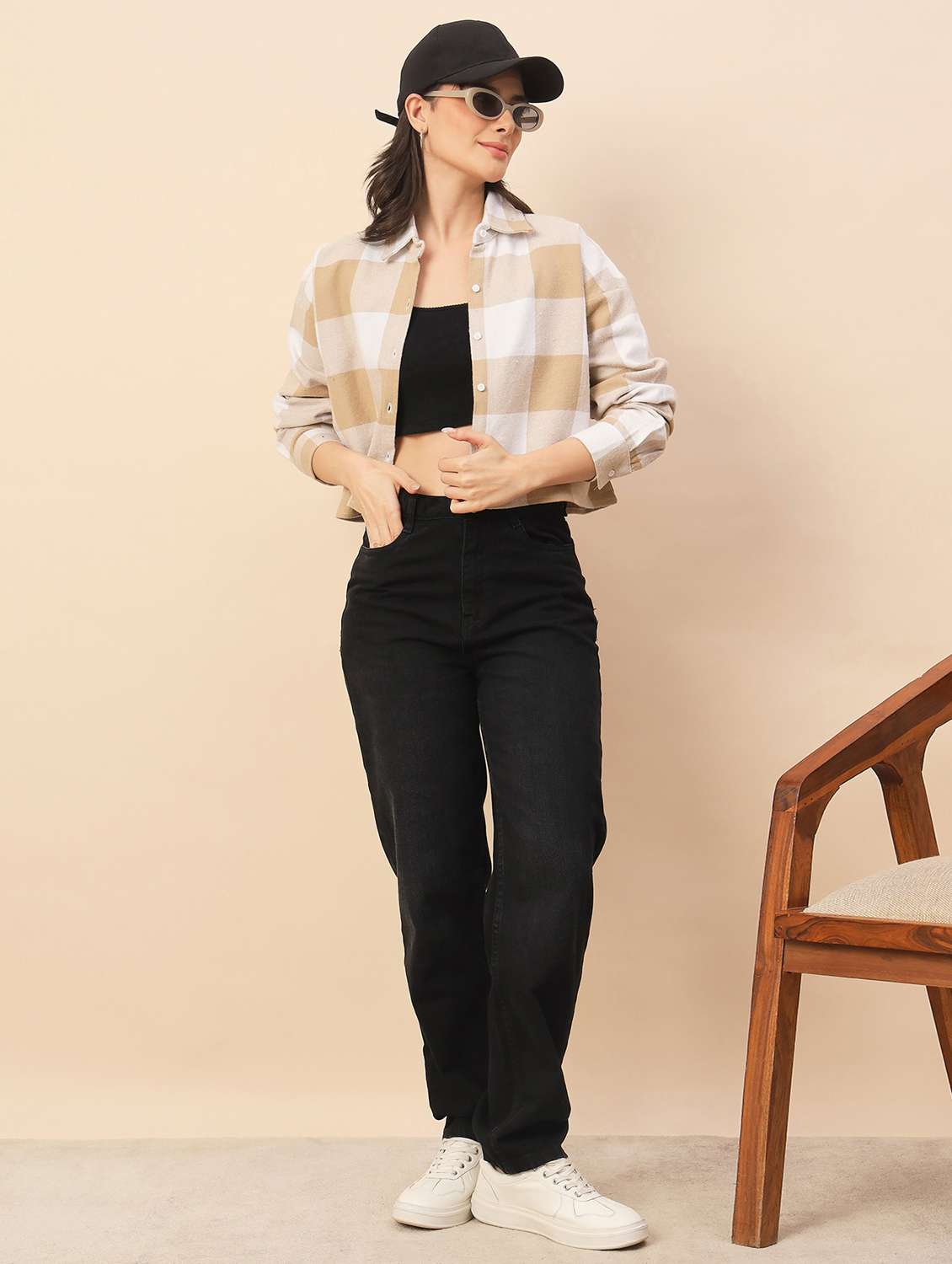 women checkered long sleeve cropped shacket - 22317425 -  Standard Image - 5