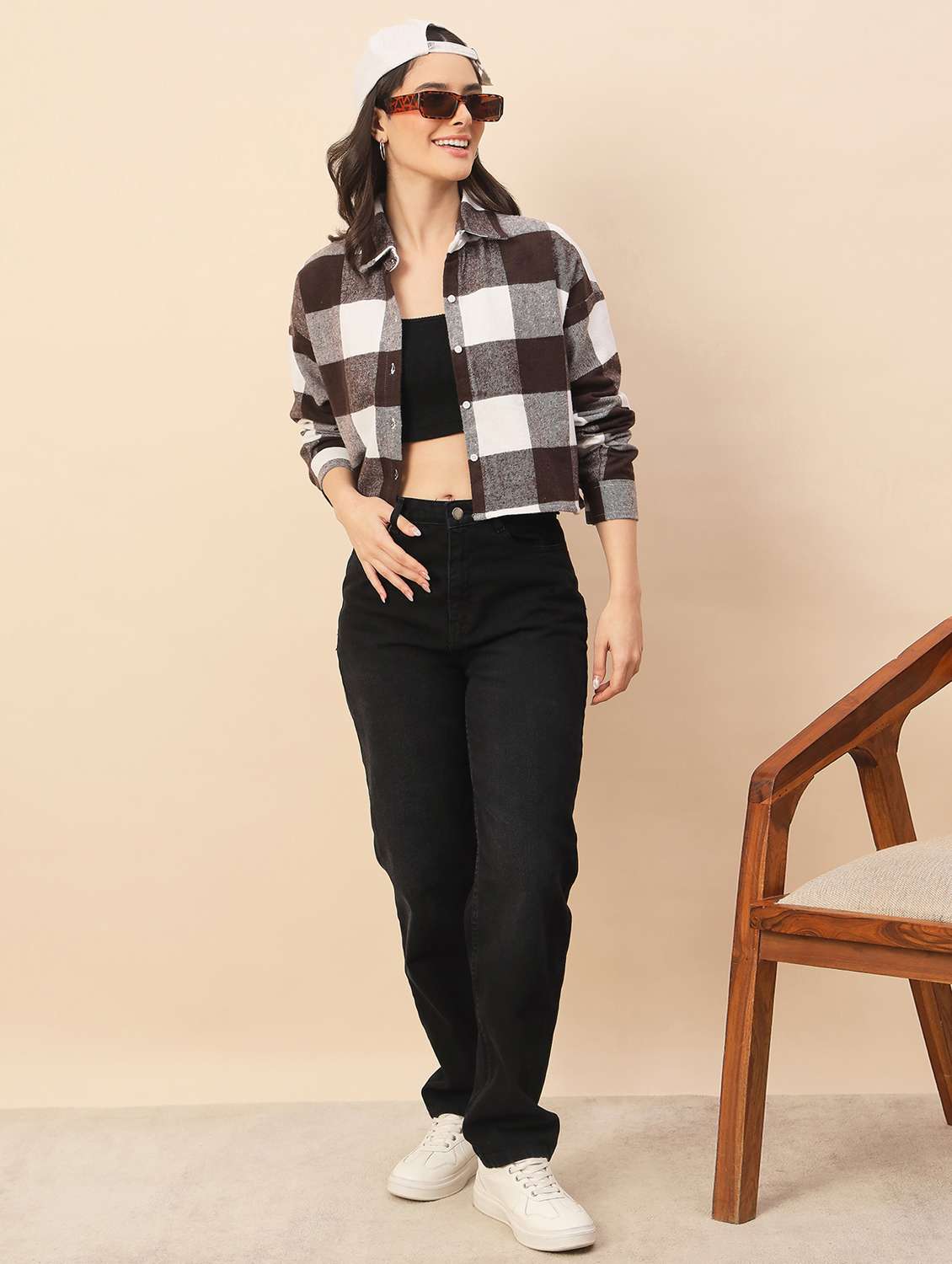 women checkered long sleeve cropped shacket - 22317426 -  Standard Image - 5