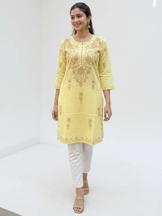 women solid with work three quarter sleeve straight kurta