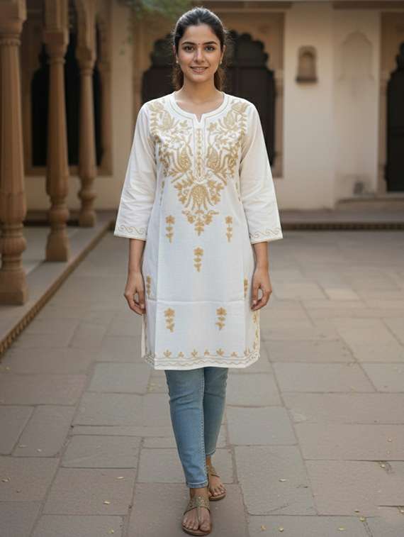 women solid with work three quarter sleeve straight kurta