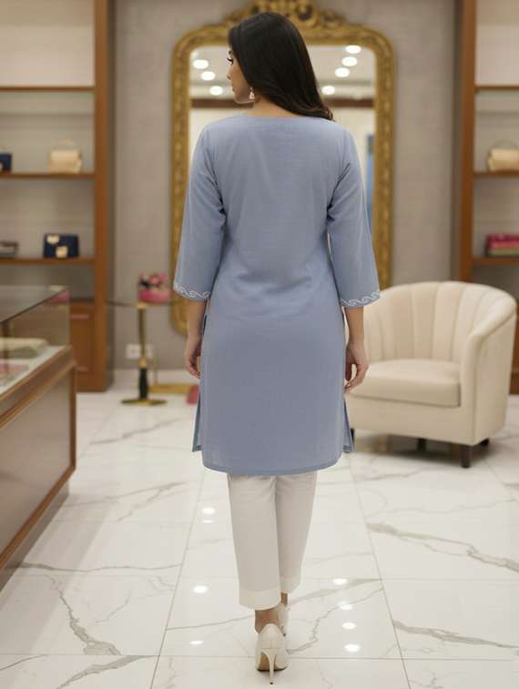 women solid with work three quarter sleeve straight kurta - 22317433 -  Standard Image - 3