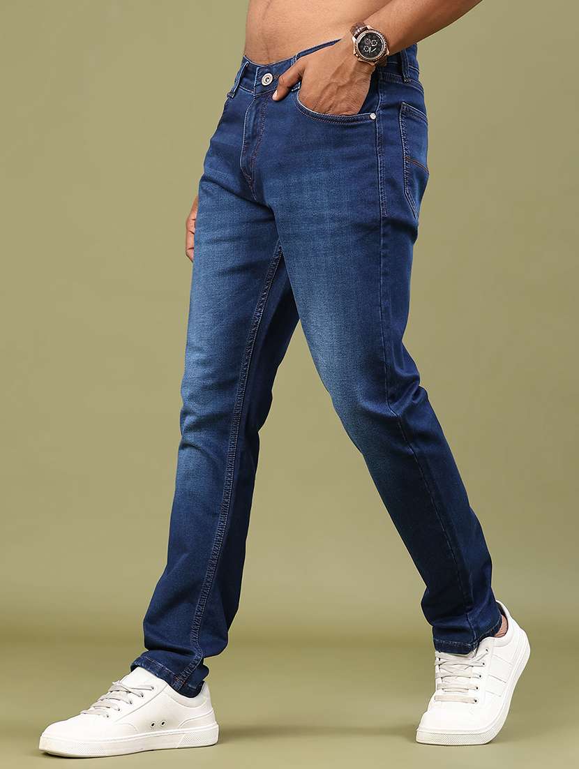 men washed mid rise full length jeans