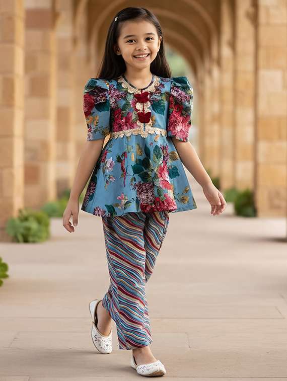 girls printed kurta and palazzo set