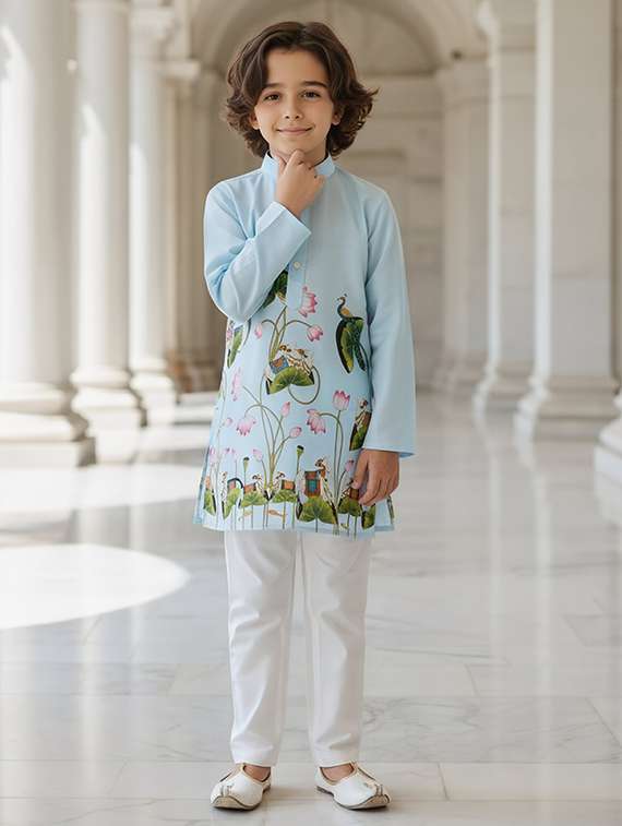 boys printed long sleeve kurta set 