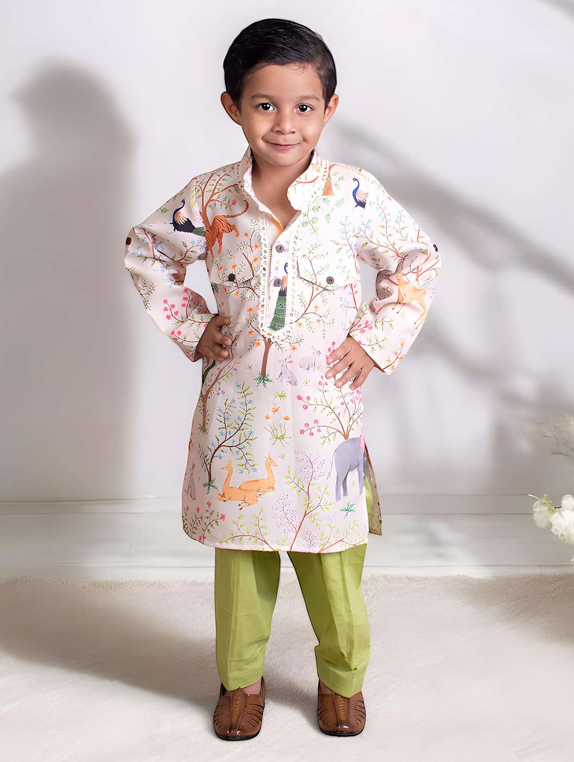 boys printed long sleeve kurta set 