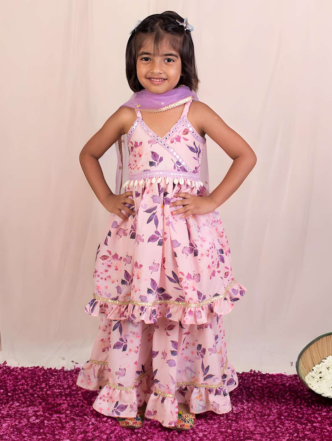 girls printed kurta and sharara set