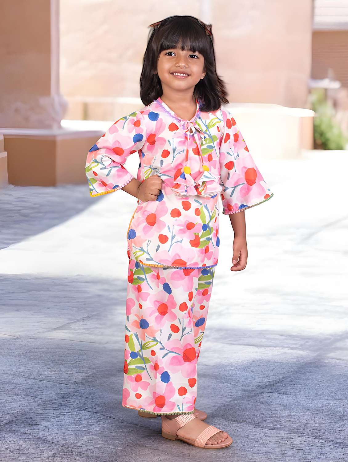girls printed kurta and palazzo set