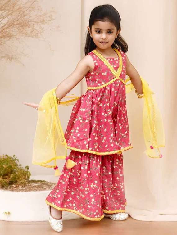 girls printed kurta and sharara set