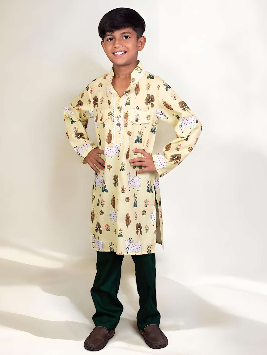 boys printed long sleeve kurta set
