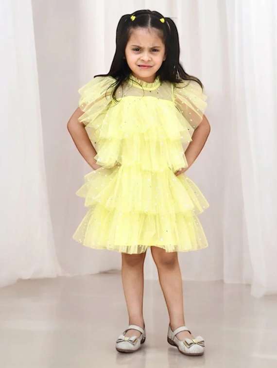 girls self design sleeveless ruffle dress